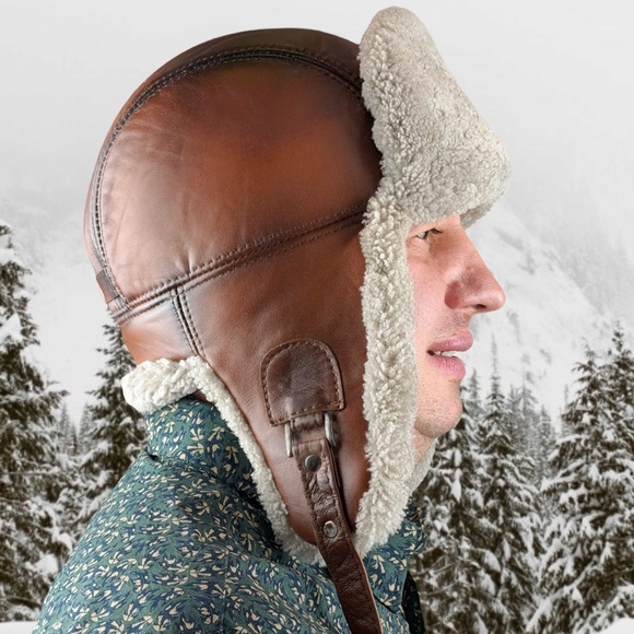 Shearling Sheepskin Leather Trapper Hat Aviator | Winter Hat | Ushanka - Picture 8 of 9